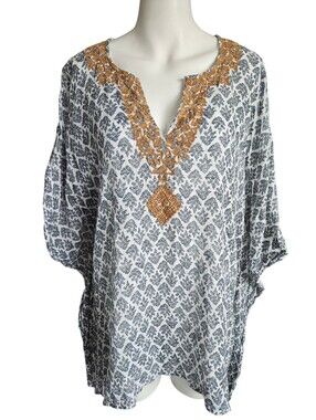 J Jill Flowy V-neck Poncho S-L Boho Print Top Lagenlook Coastal Grandma Chic